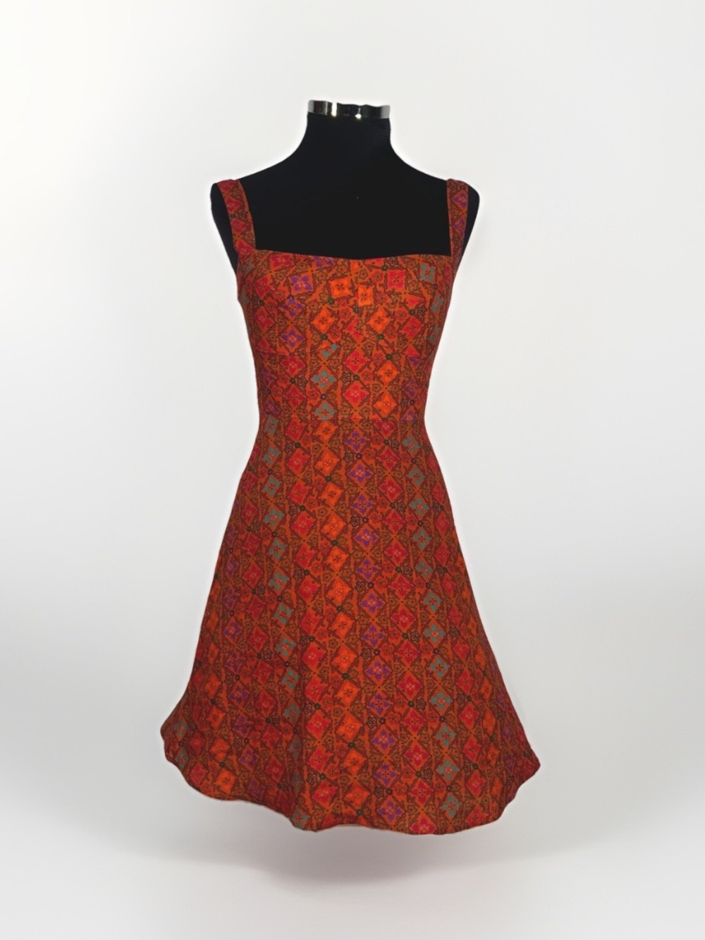 SALONI Orange Multicolor Geometric Square Neck Sleeveless A-Line Knee Dress US 4